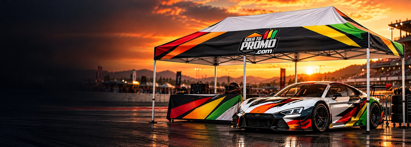 Carpa de Crea Tu Promo junto a un auto de carreras al atardecer